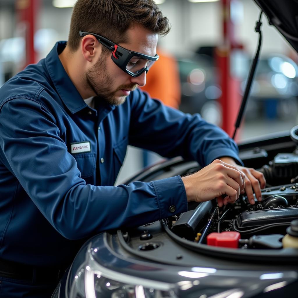 Certified Arya Auto Service Technician Working on a Car