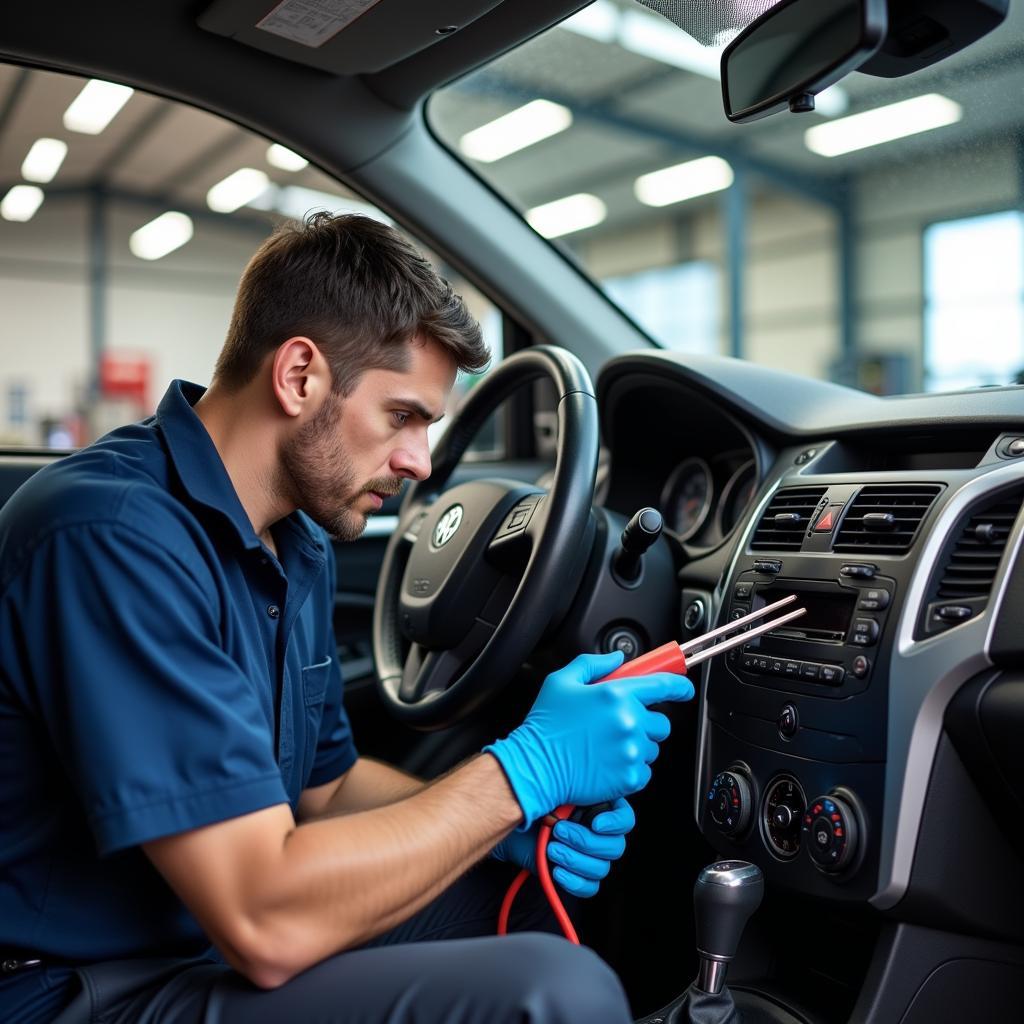 Certified Auto AC Technician Performing Maintenance