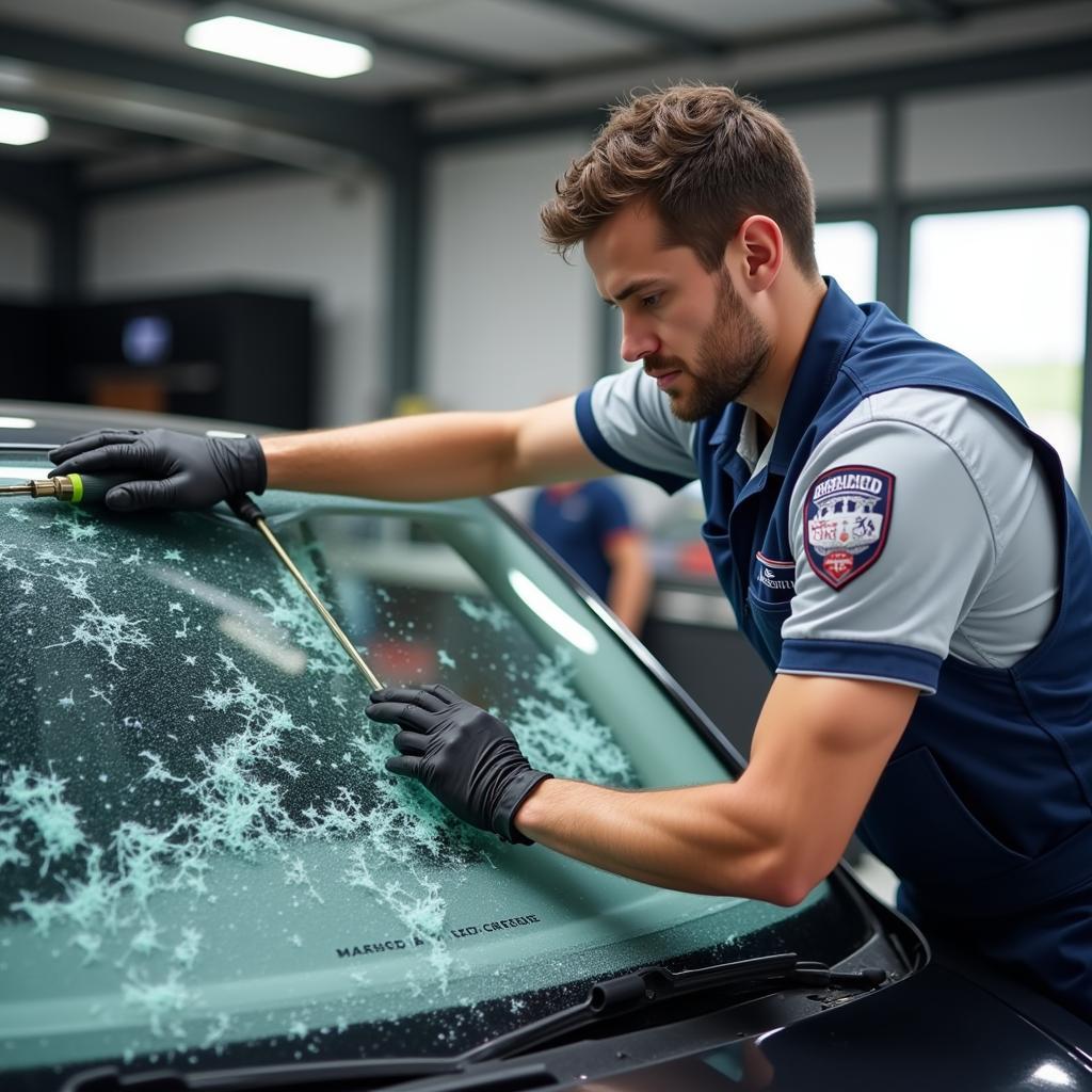 A certified technician replacing a car windshield using professional tools.