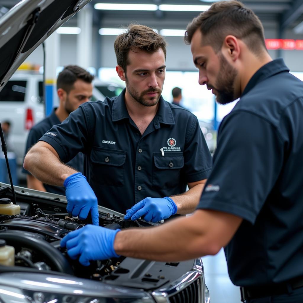 Certified Technicians Working in an Auto Mall Service Center