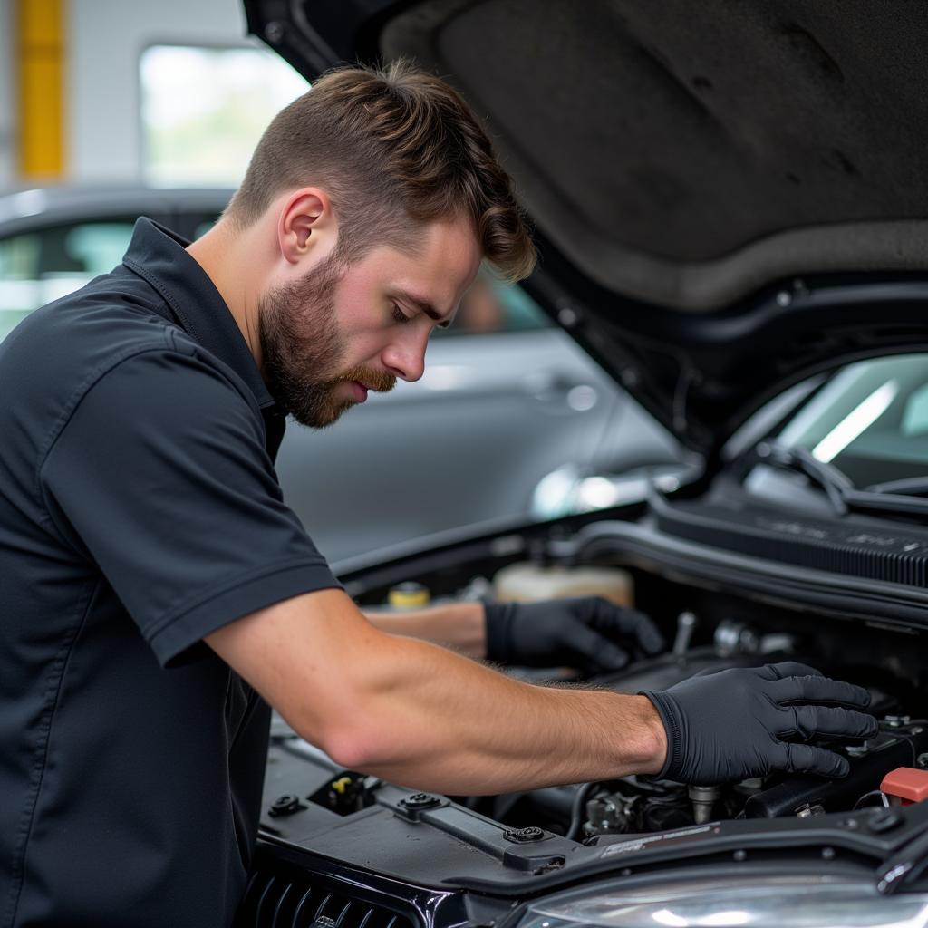 Certified Auto Mechanic Working on Car