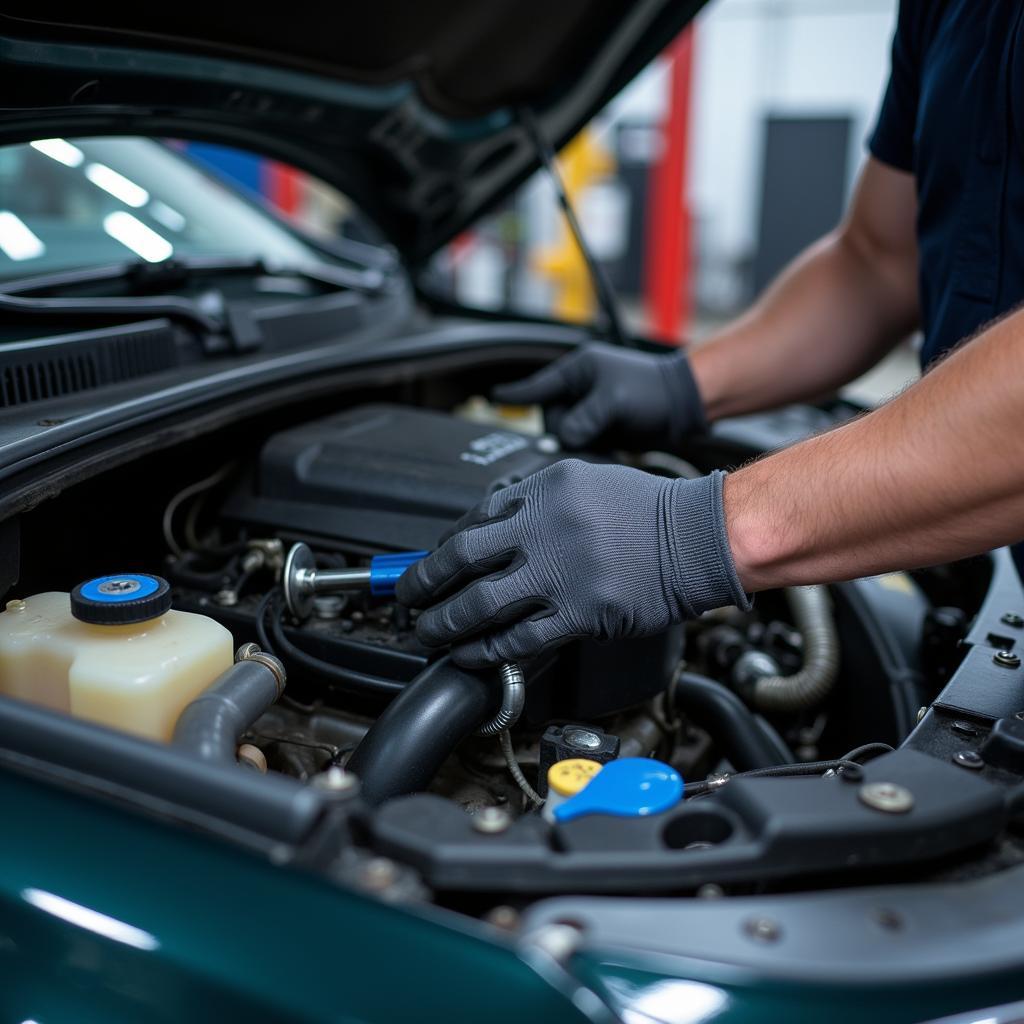 A certified auto mechanic working diligently on a car engine, using specialized tools.