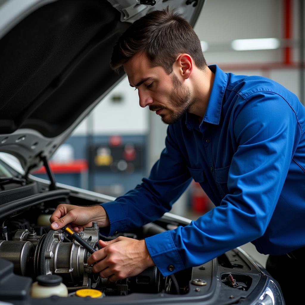 A certified mechanic working on a car's transmission