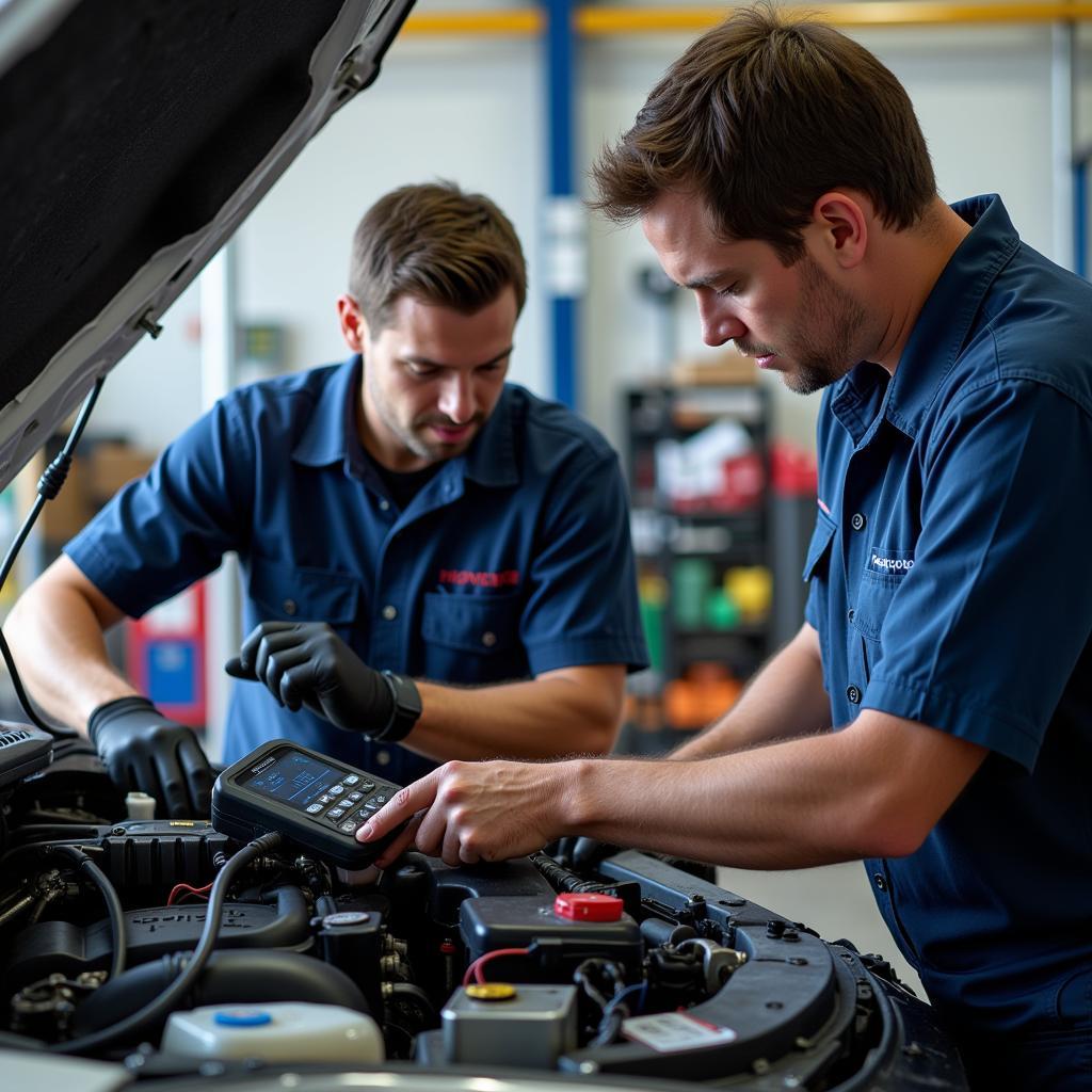 Certified auto mechanics diligently working on a car engine, demonstrating their expertise and professionalism.