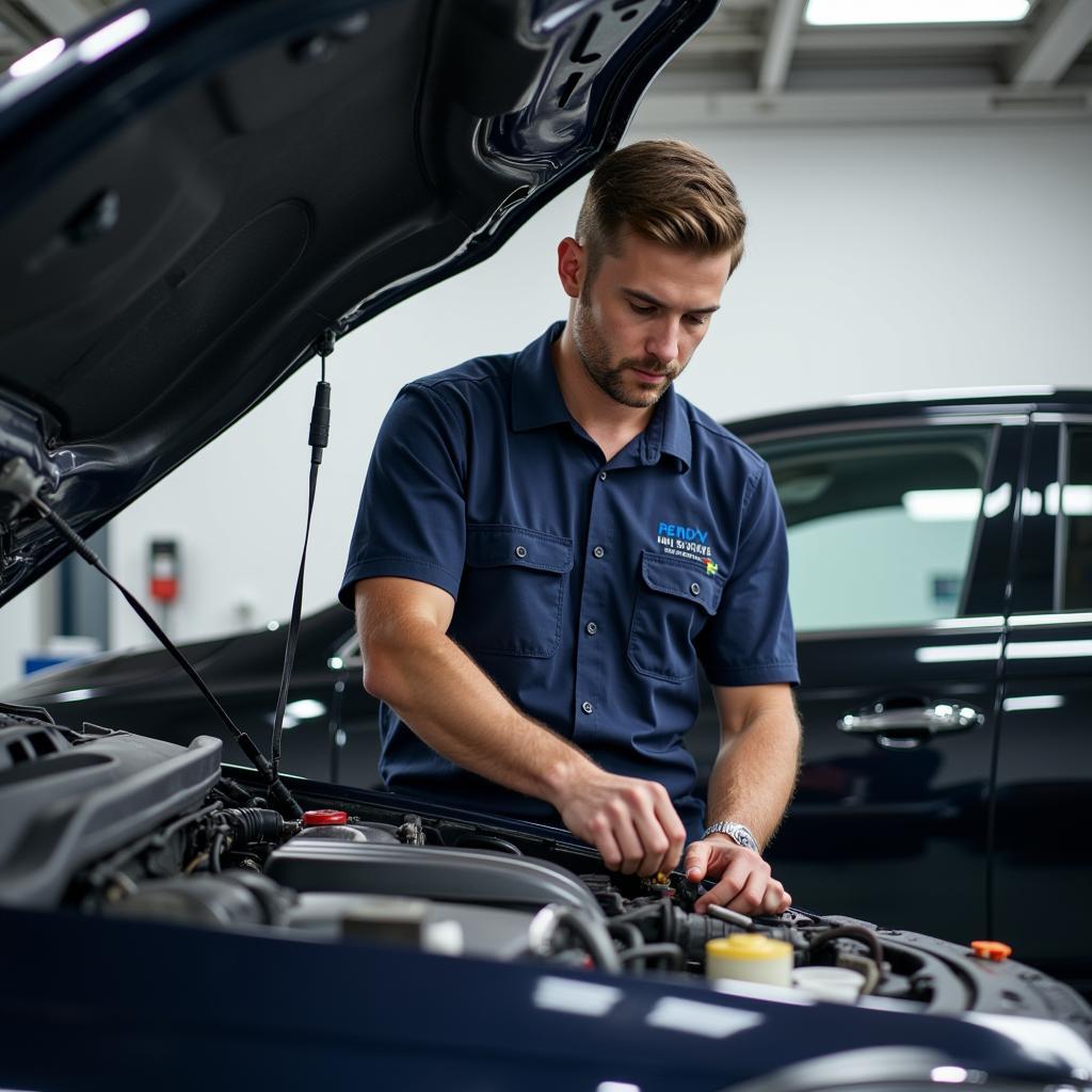 Certified Auto Service Dealer Technician Working on a Car Engine