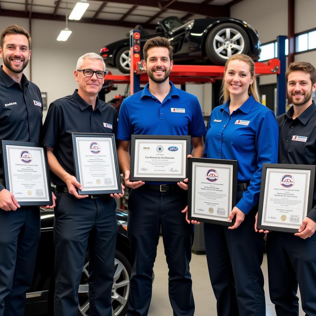 Certified auto service workshop technicians proudly displaying their awards and certifications.