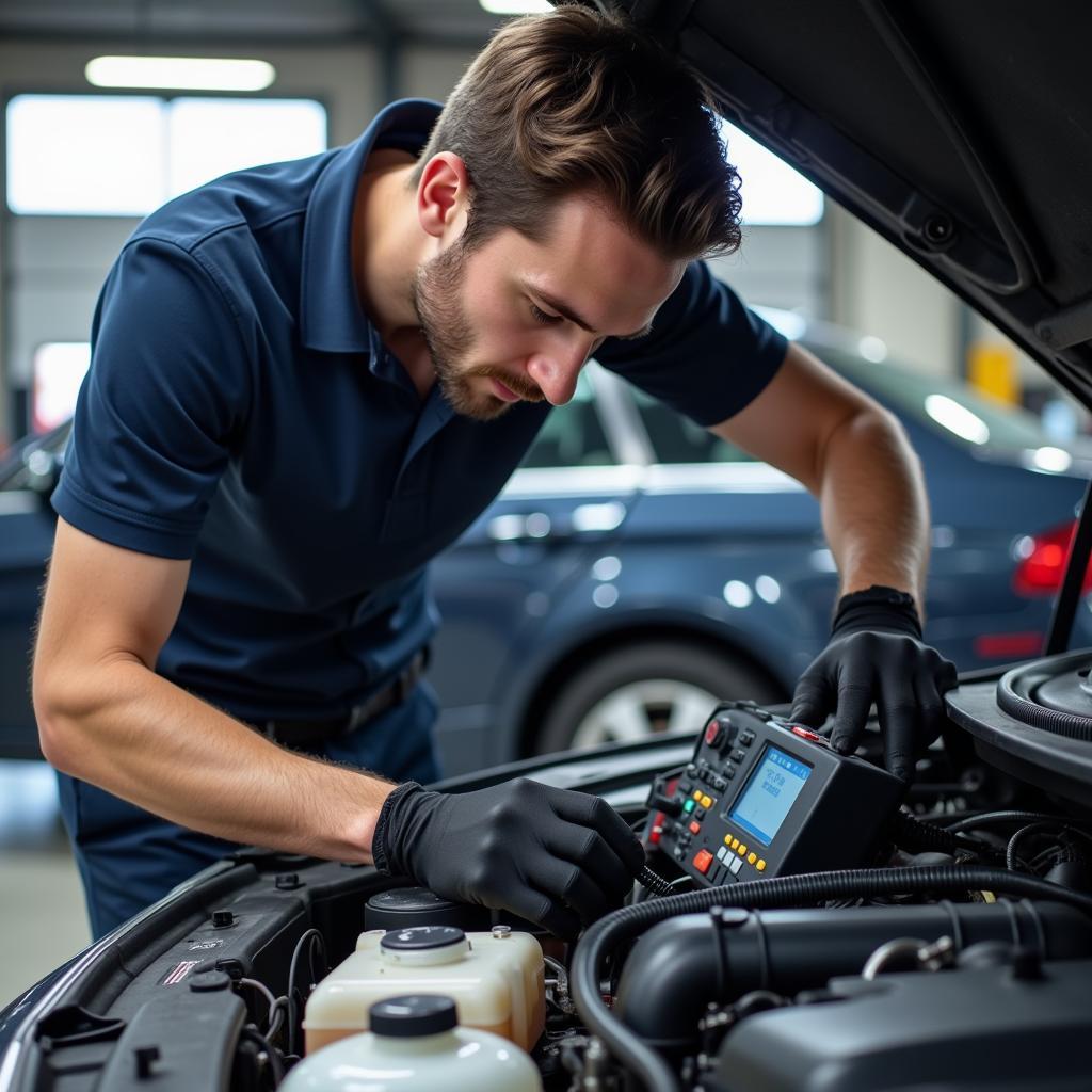 Certified auto technician performing a vehicle diagnostic