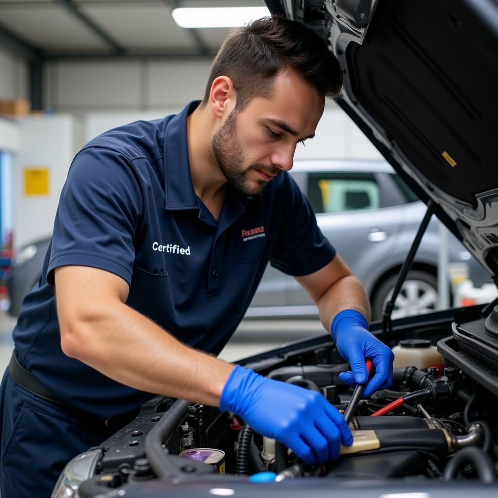 Certified auto technician working on a car engine