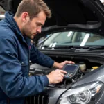 Certified Auto Technician Performing Diagnostics