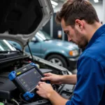 Certified Auto Technician Performing Diagnostics