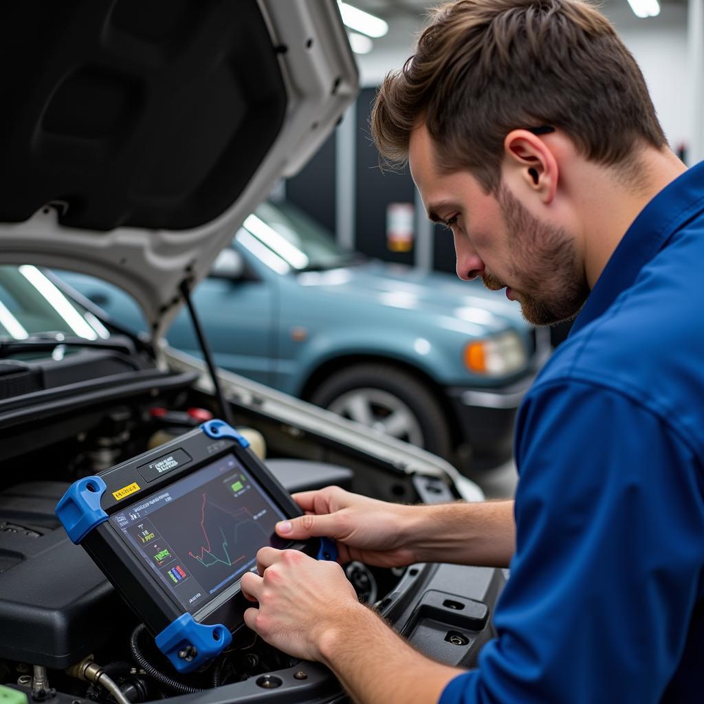 Certified Auto Technician Performing Diagnostics