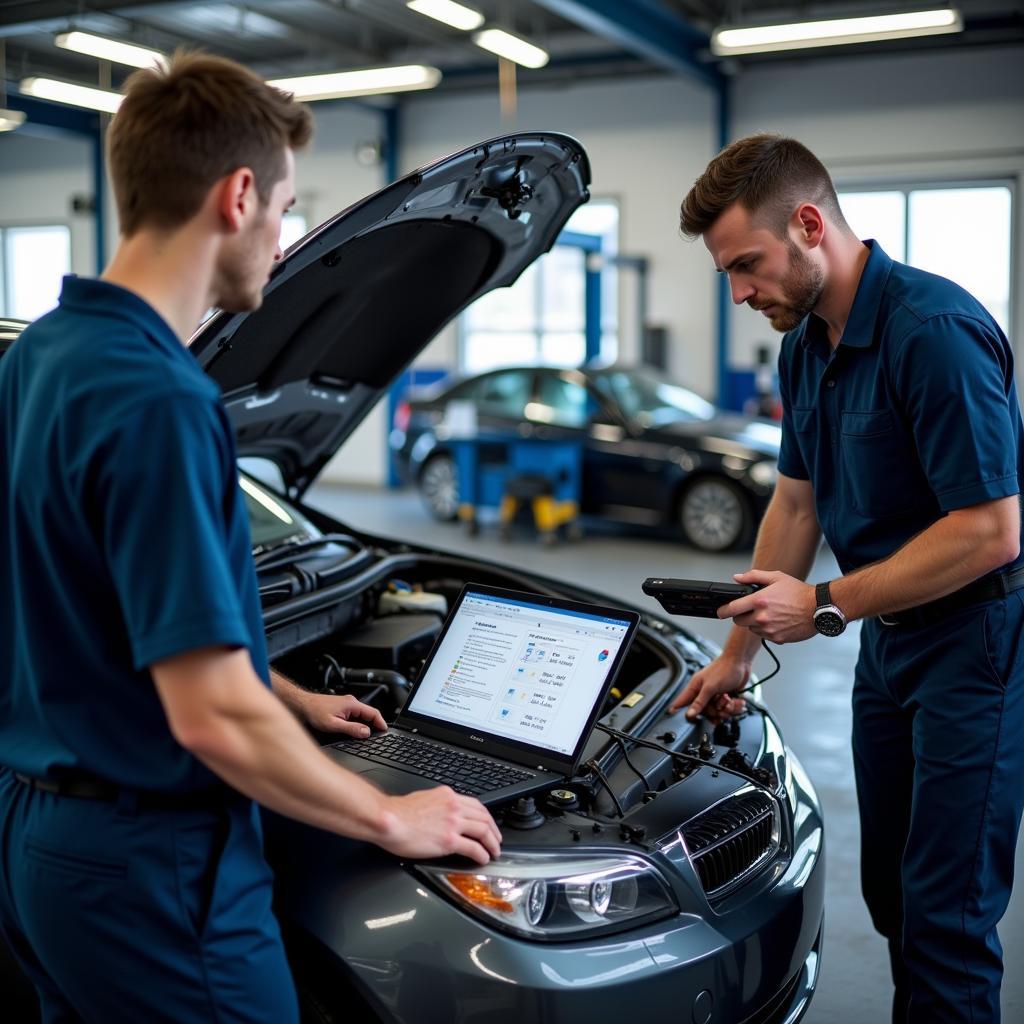 Certified auto technicians using diagnostic equipment on a vehicle