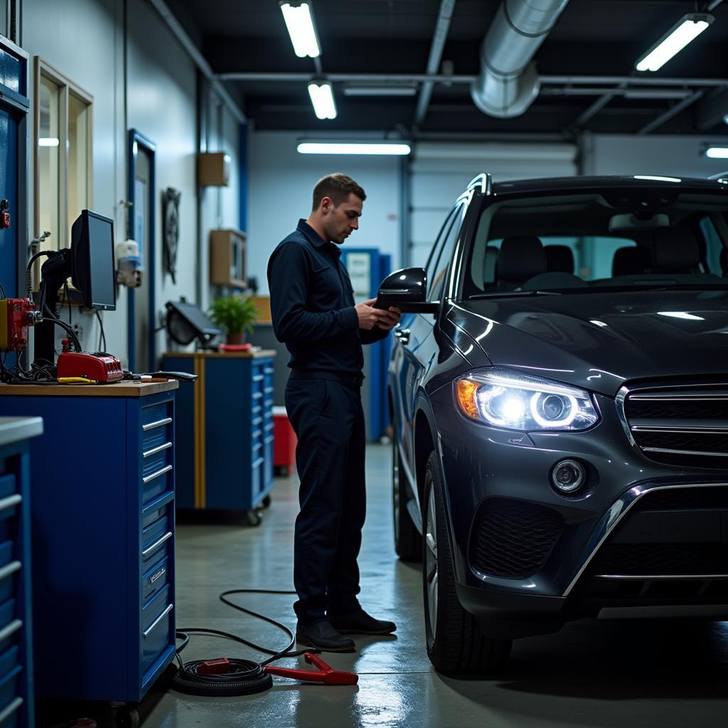 Certified Technicians Working Late Night at a 24 Hour Auto Service Center