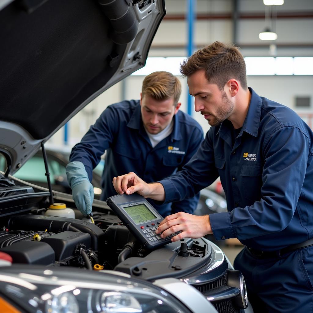 Certified Auto Technicians Performing Diagnostics