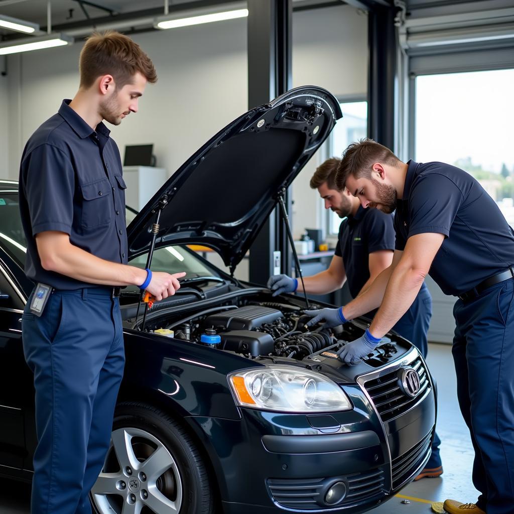 Certified Auto Technicians Working on a Car