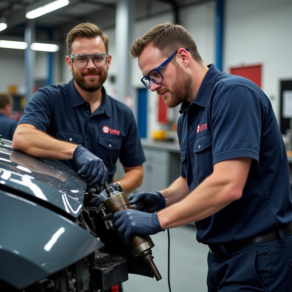 Certified Collision Repair Technicians Working on a Damaged Car