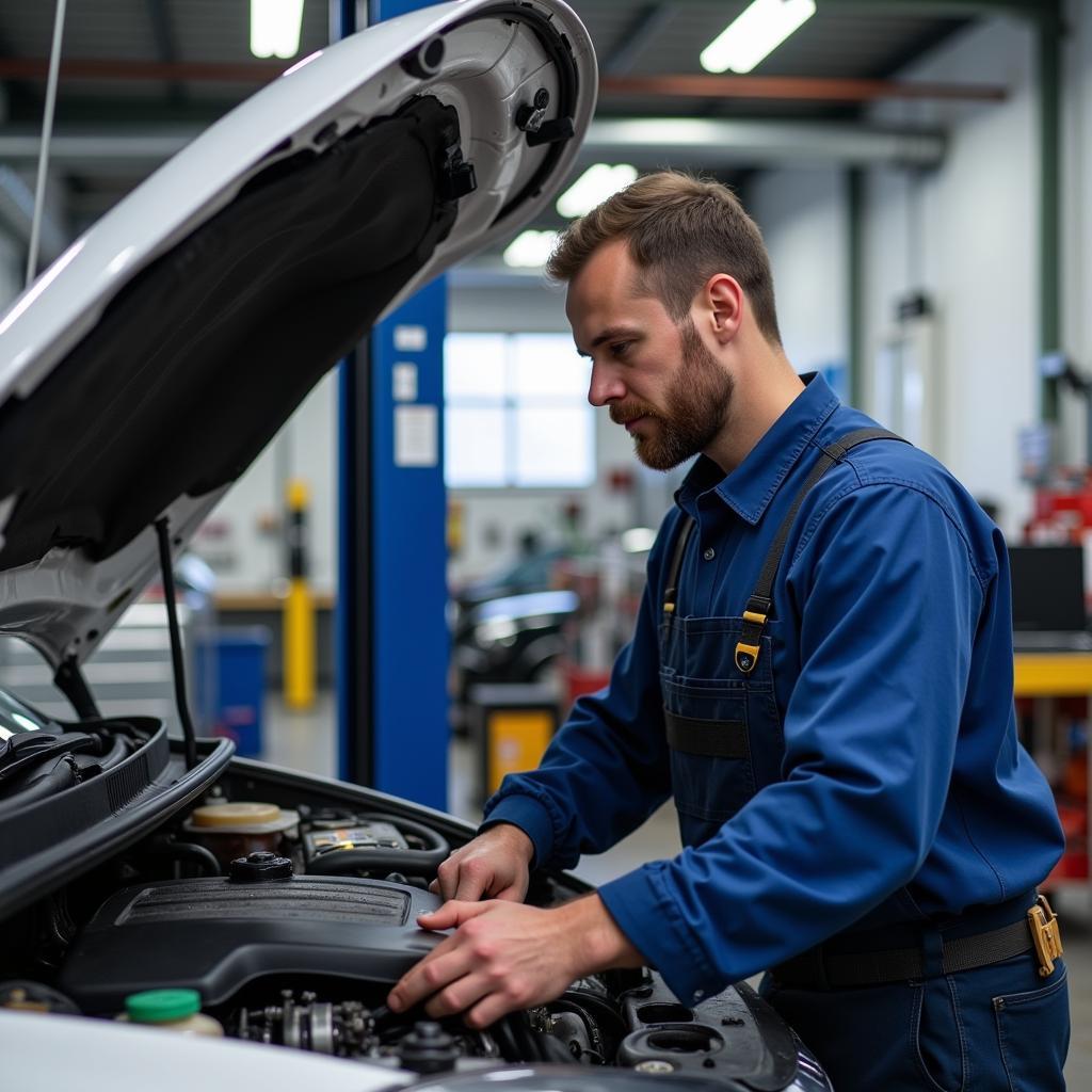 Certified mechanic working on a car engine in a professional auto service shop