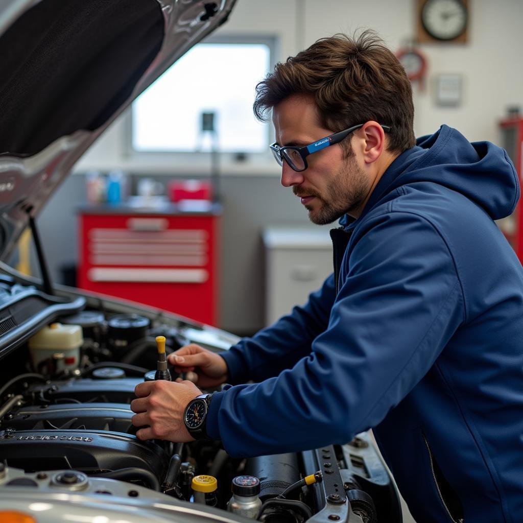 Certified mechanic diligently working on a car engine in an Edmonton auto service shop