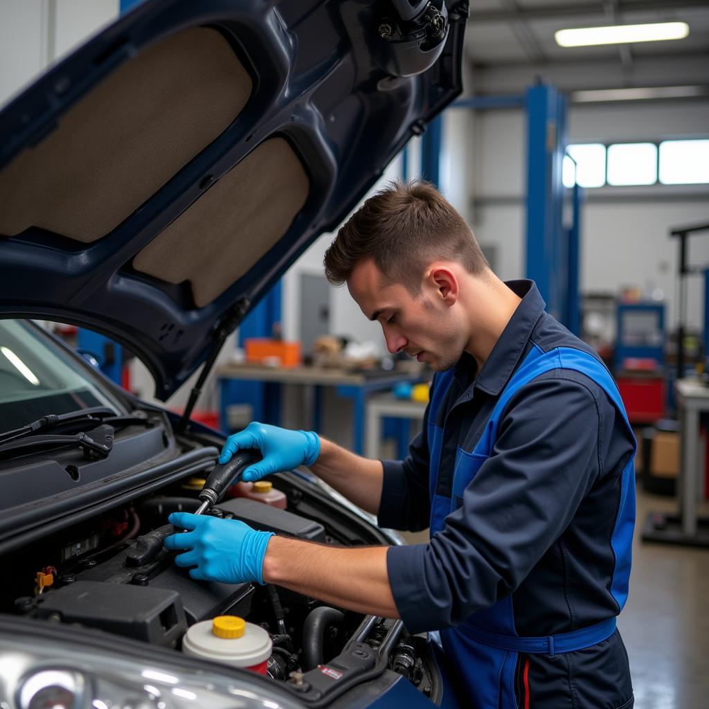 Certified Peugeot Technician Working on a 307