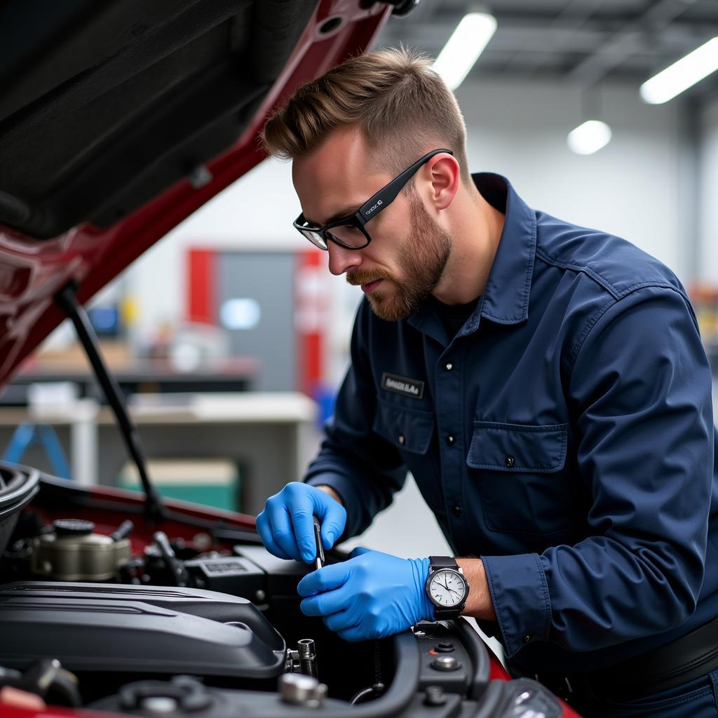 Certified Technician Working on a Car Engine