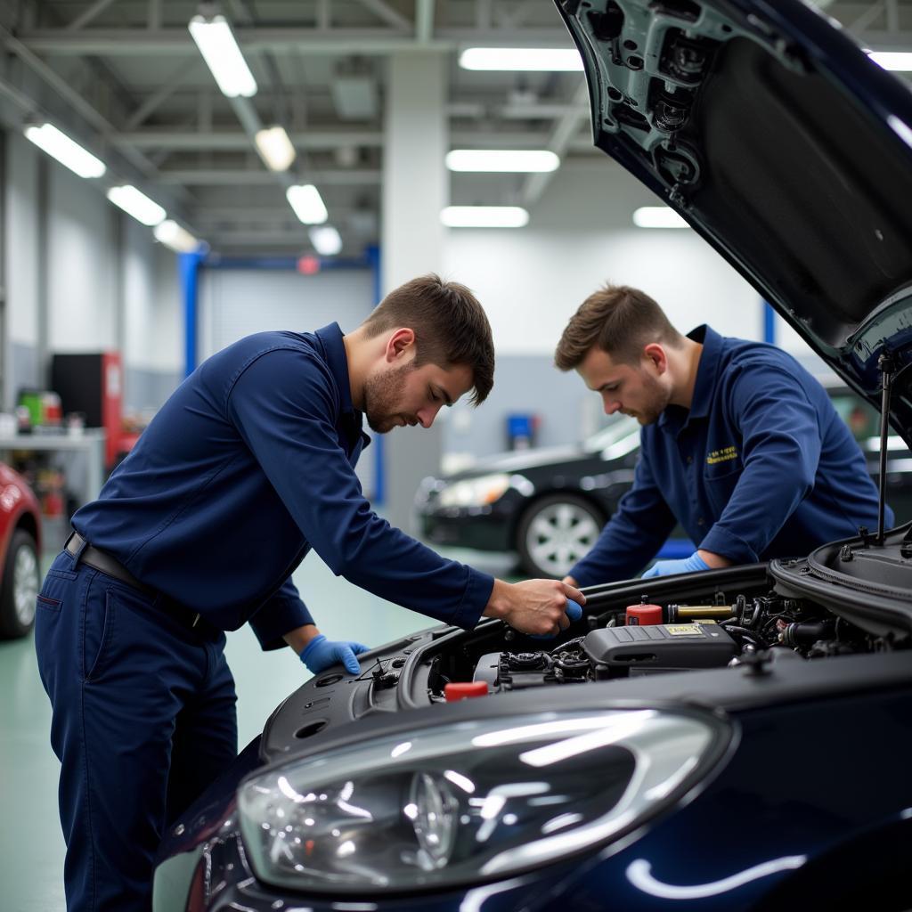 Certified technicians working on a car engine