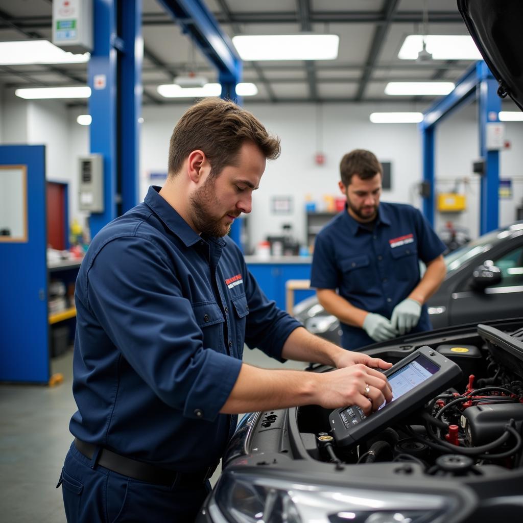 Certified Technicians at an Auto Mall Service Center