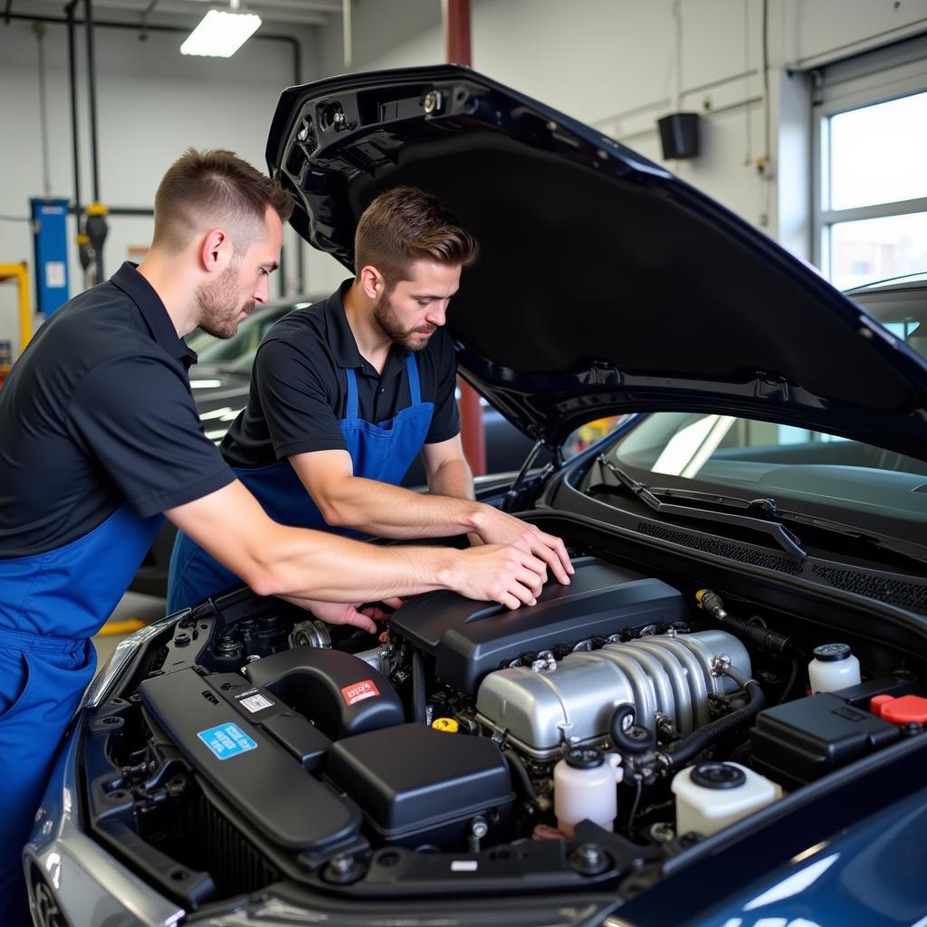 ASE Certified Technicians Working on a Car in a High Point Auto Service Center