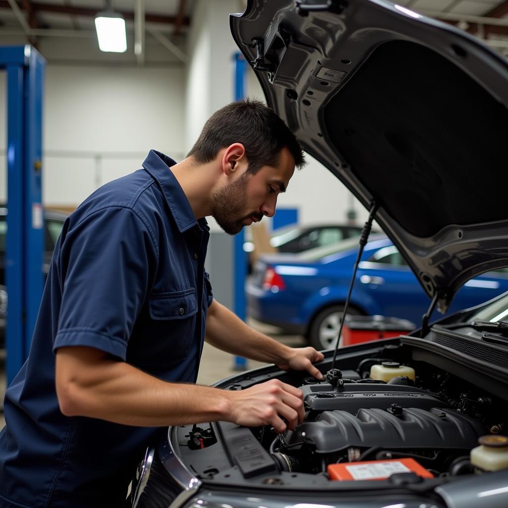 Mechanic working on a car engine in a Charlotte, NC auto repair shop