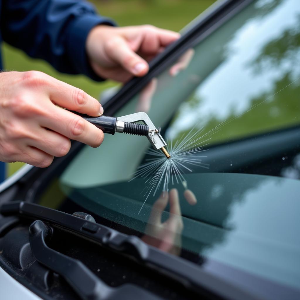 Checking Auto Glass Damage with Tools