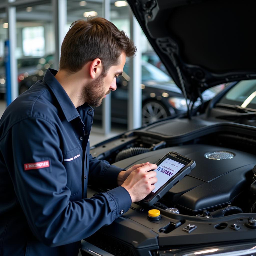 Certified Technician Checking Mercedes-Benz Engine