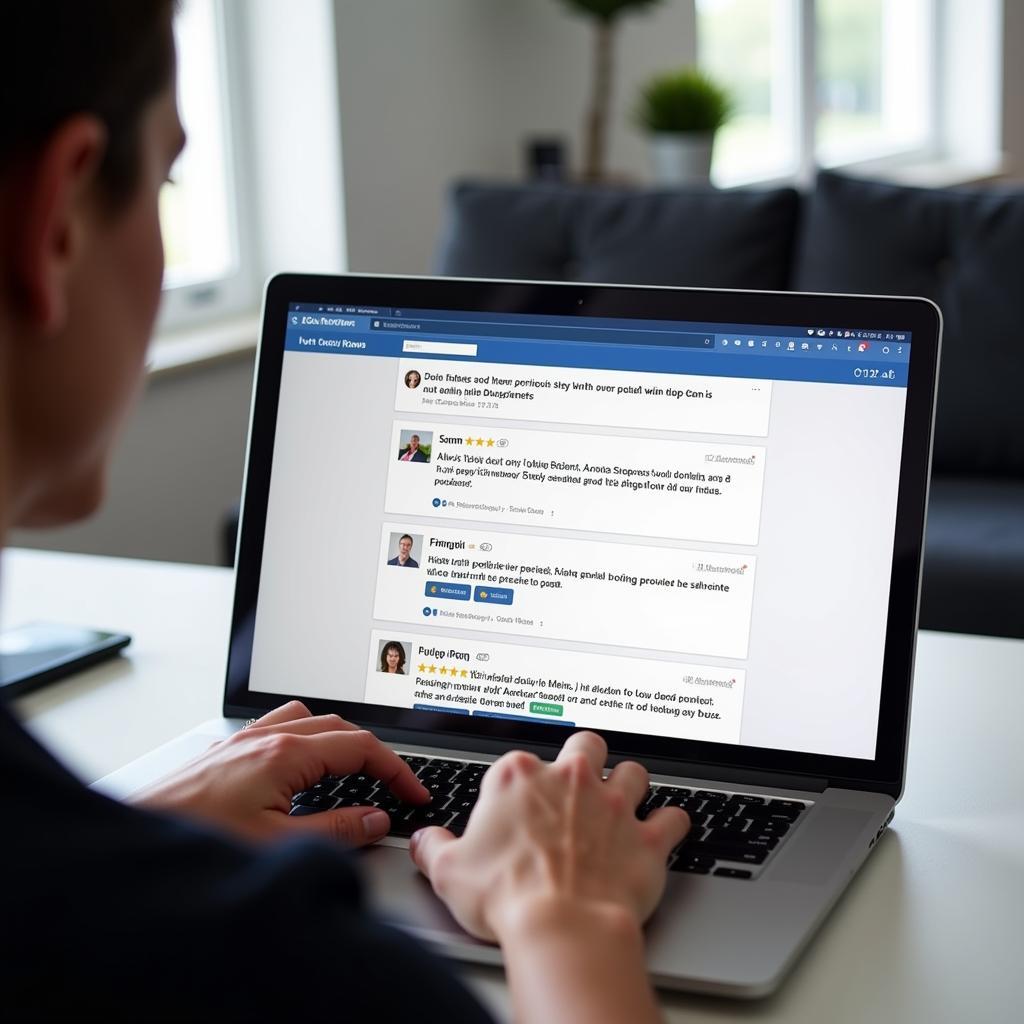 A person using a laptop to research and read online reviews for auto service providers in Boca Raton.