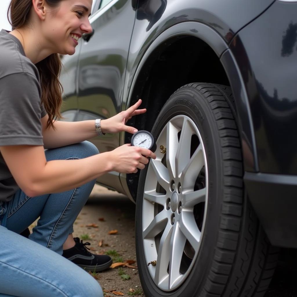 Driver Checking Tire Pressure with a Gauge