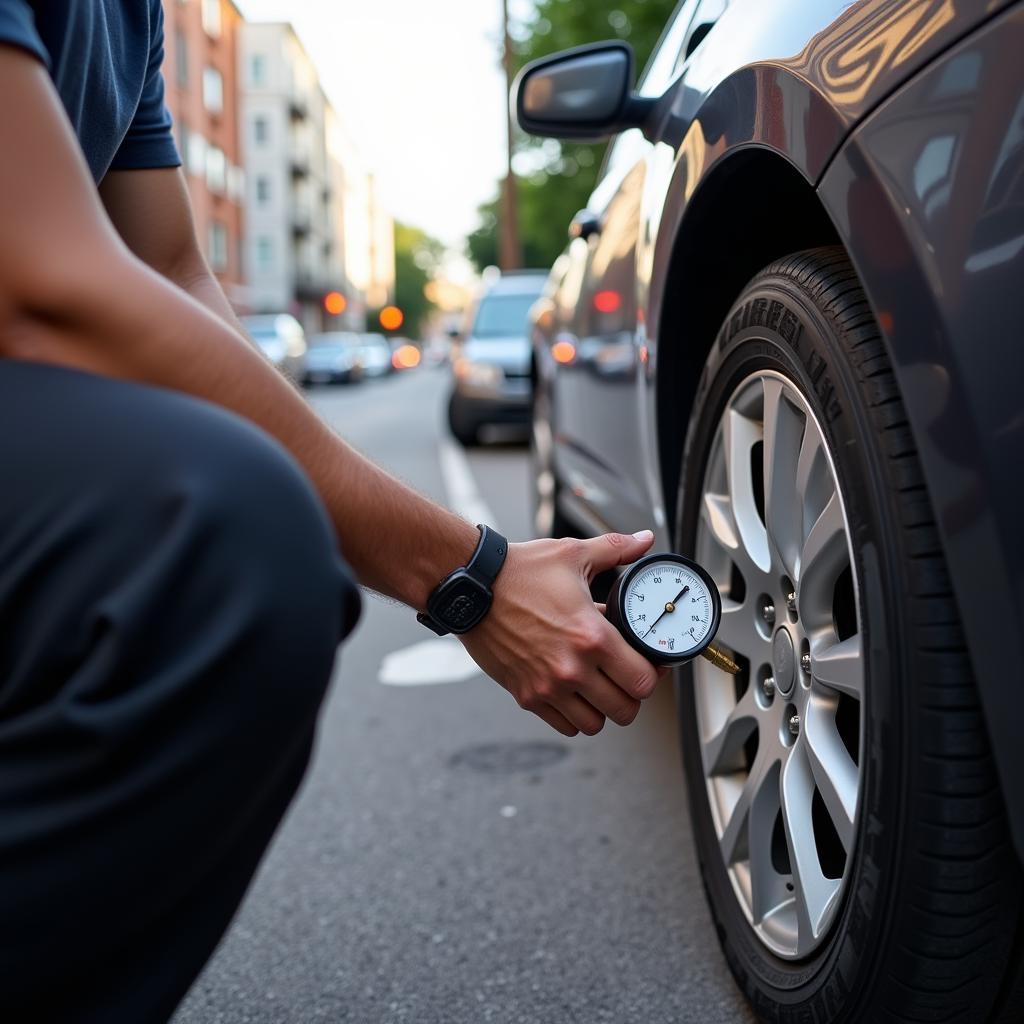 Checking Tire Pressure in Long Island City -  Person using a tire pressure gauge