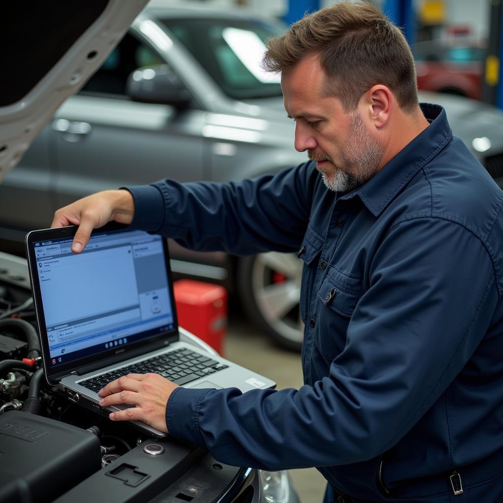 Experienced Auto Service Technician Performing Diagnostics