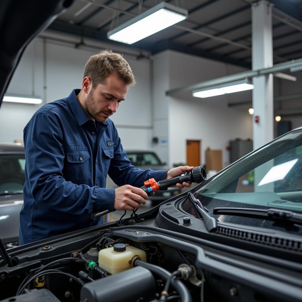 Mechanic Inspecting Car AC System