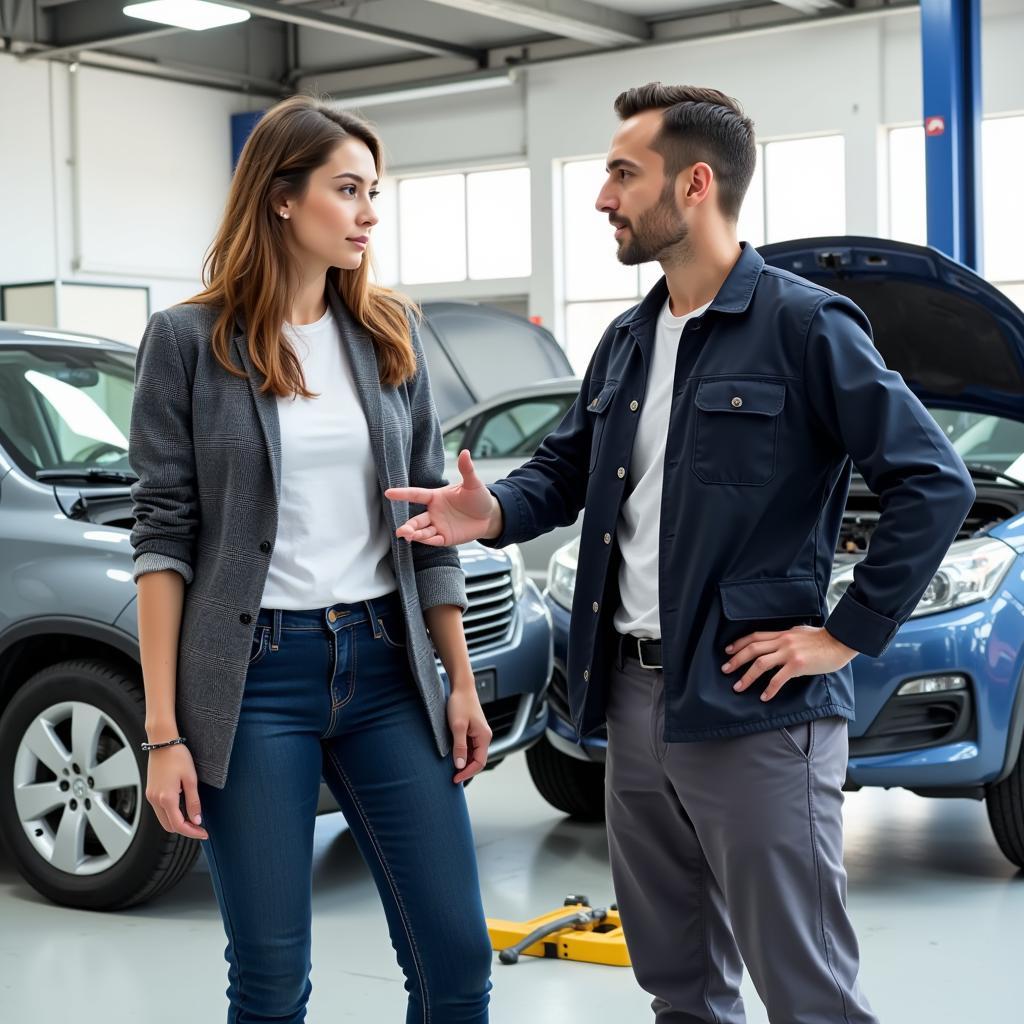 Customer talking to a mechanic in a La Habra auto repair shop