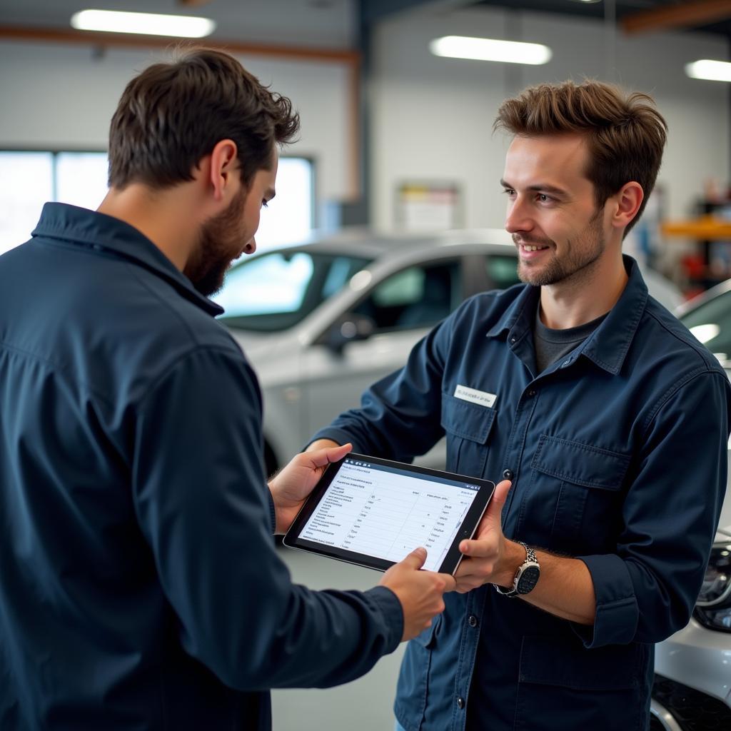 Choosing a Berkeley Auto Repair Shop: A customer talking to a mechanic in a clean and organized auto repair shop, reviewing a service estimate on a digital tablet.