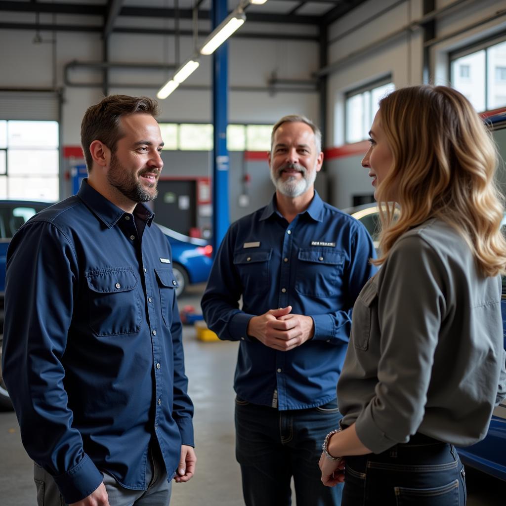 Customer Talking to Mechanic in a Reputable Auto Service Center