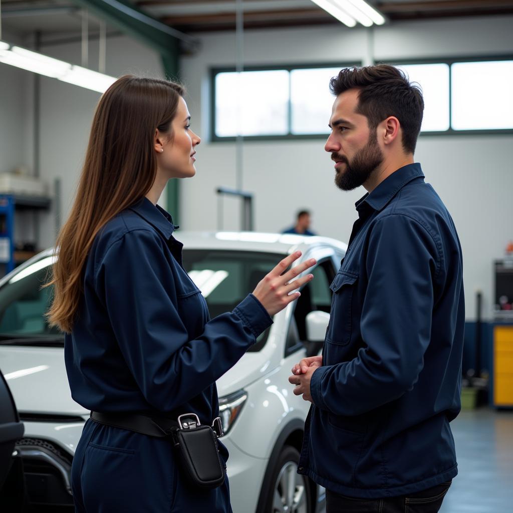 Choosing a Reliable Auto Service Provider: A customer talking to a mechanic in a well-lit auto shop.