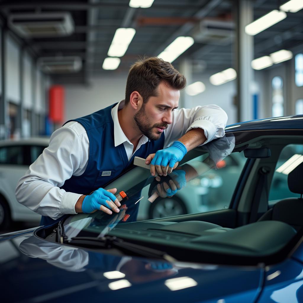 A technician inspecting a car's windshield in a clean and well-equipped auto glass service centre.