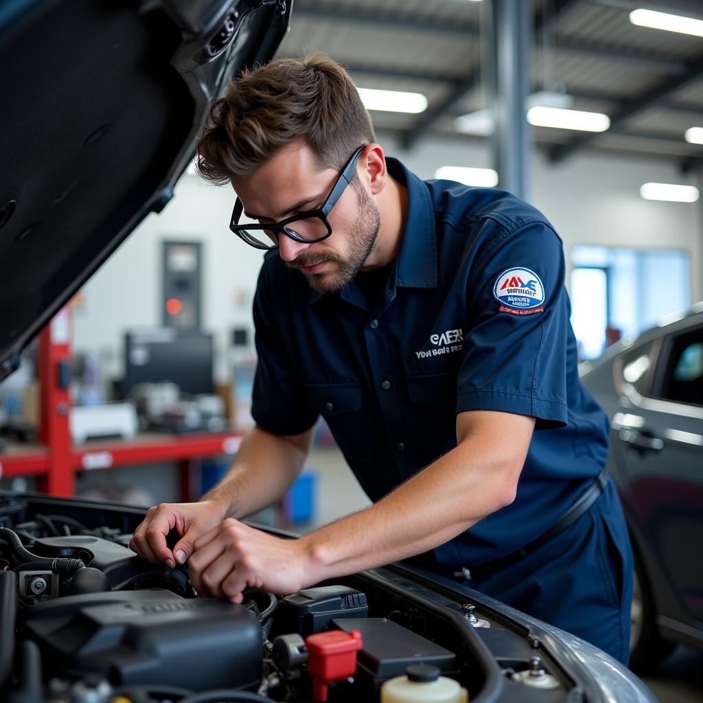 ASE Certified Technician Working on a Car Engine