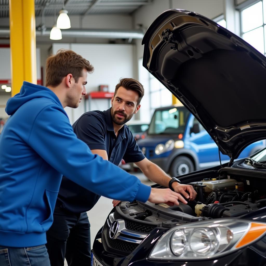 Customer Consulting with a Mechanic at an Auto Direct Service Center