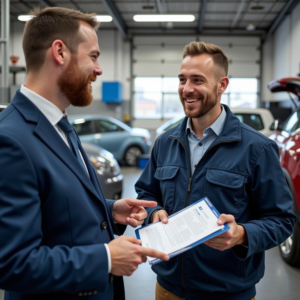 Customer talking to a service advisor at an auto repair shop