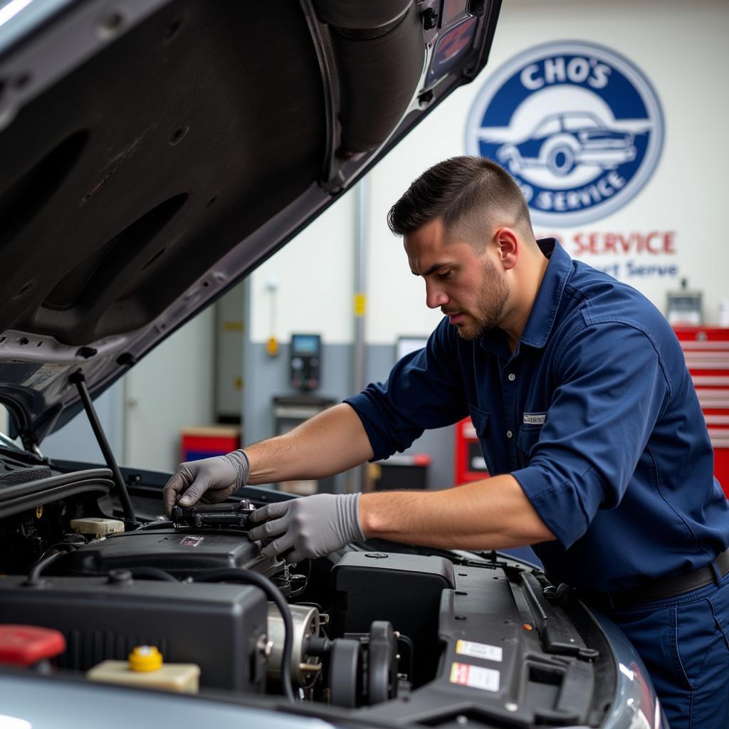 Mechanic Inspecting a Car at Cho's Auto Service