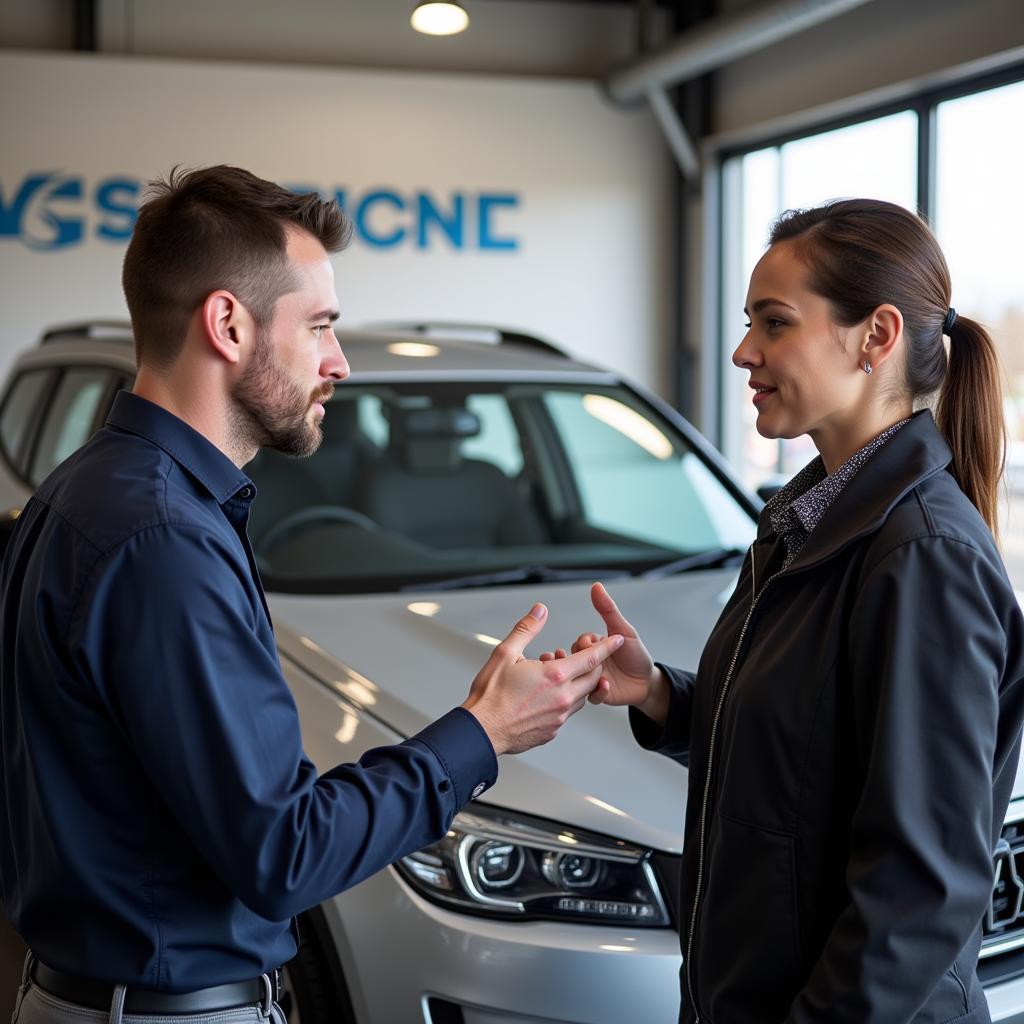 Customer Discussing Car Repairs with a Service Advisor