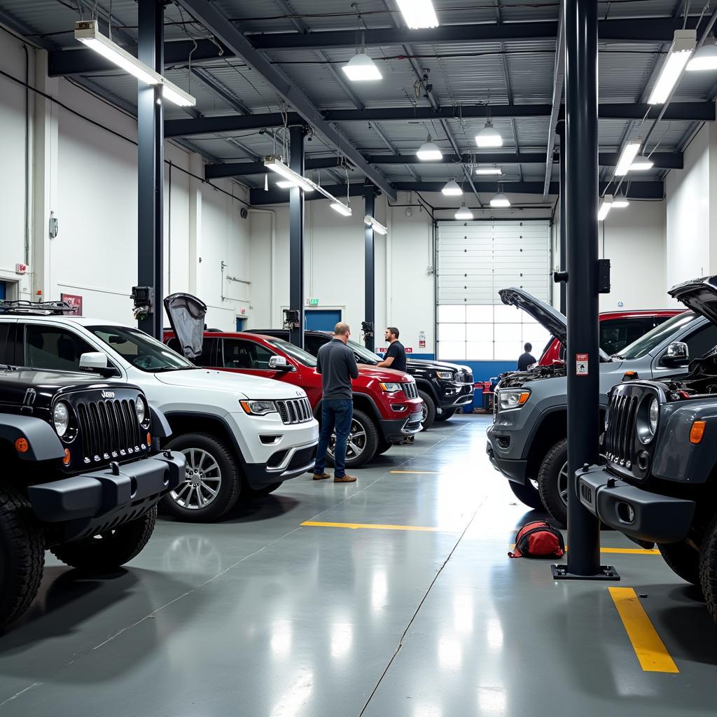 Vehicles receiving service at a specialized Chrysler Jeep Dodge Ram service center