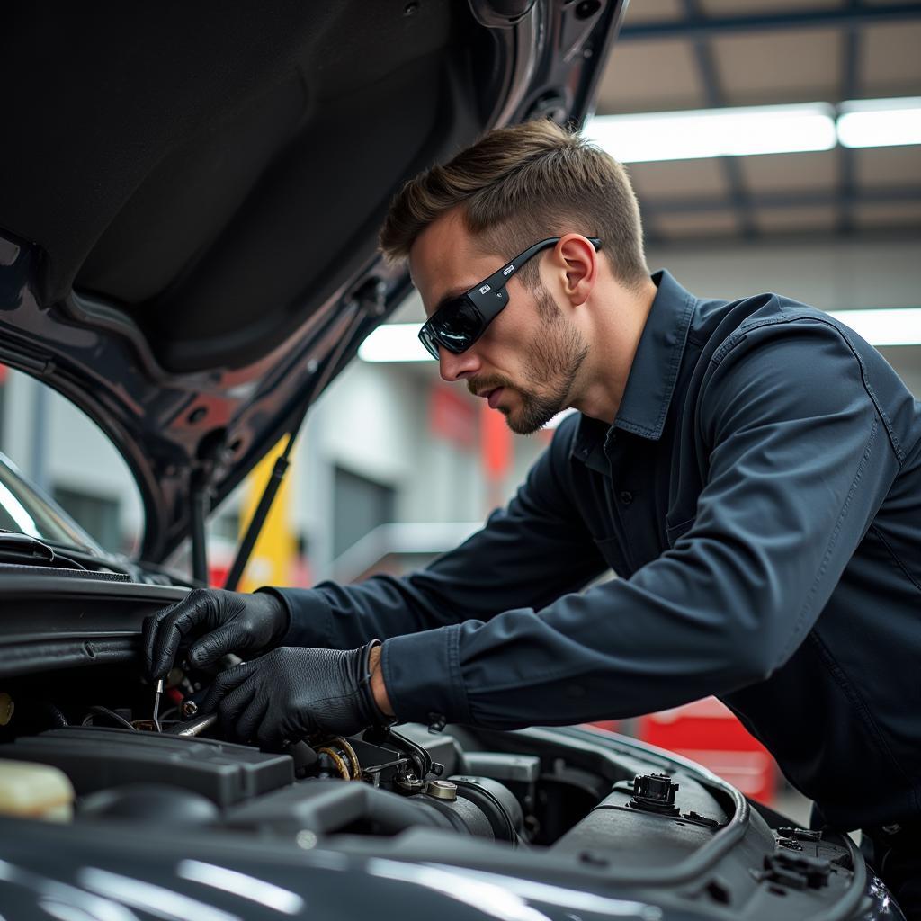 Cincinnati auto mechanic diligently working on a car engine.