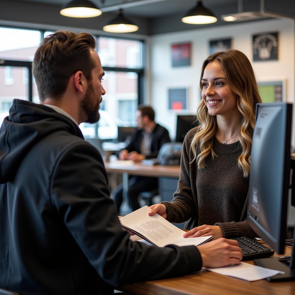 Cincinnati auto service customer talking to a service advisor.