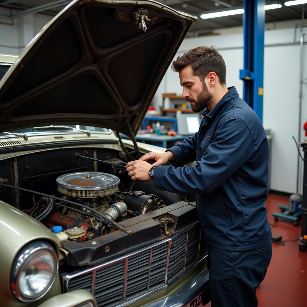 Classic Car Inspection Process: A mechanic meticulously examines the engine compartment of a vintage car, checking for rust, leaks, and the condition of various components.