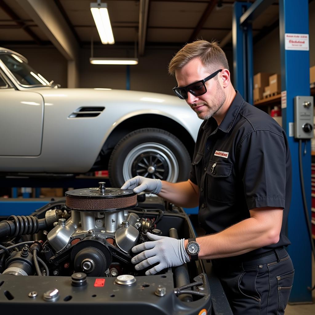 Classic Car Mechanic Performing Maintenance